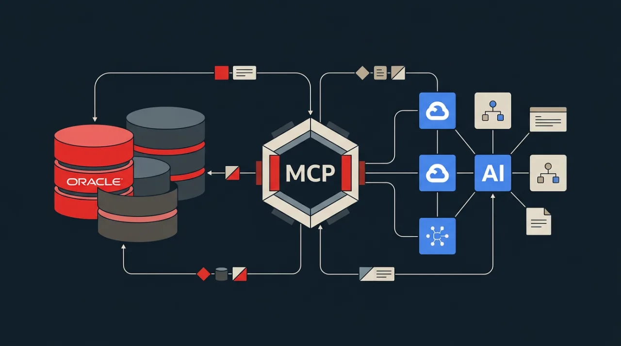 Векторная иллюстрация интеграции Oracle Database и Google Cloud через MCP-сервер для AI-агентов.
