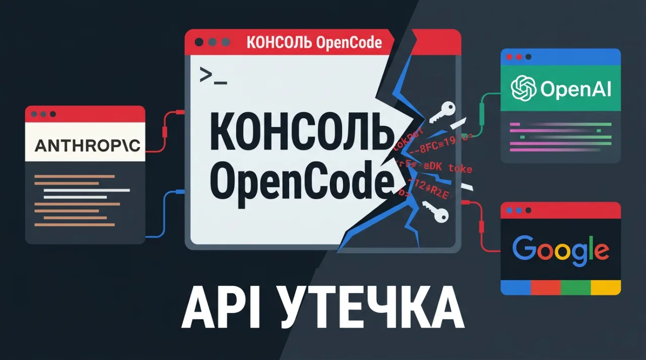 Векторная иллюстрация взлома консоли OpenCode и утечки API-ключей ИИ-провайдеров.