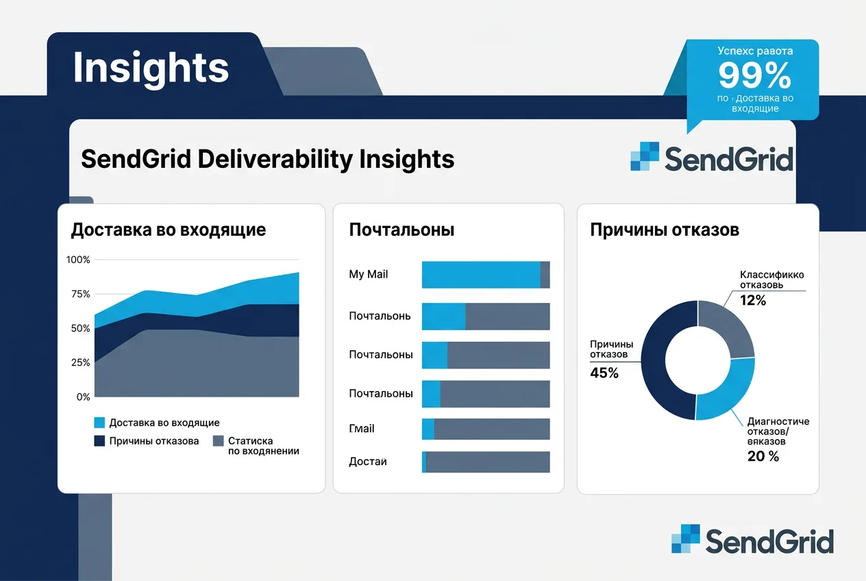 Инфографика новой панели аналитики Deliverability Insights от SendGrid с метриками доставляемости