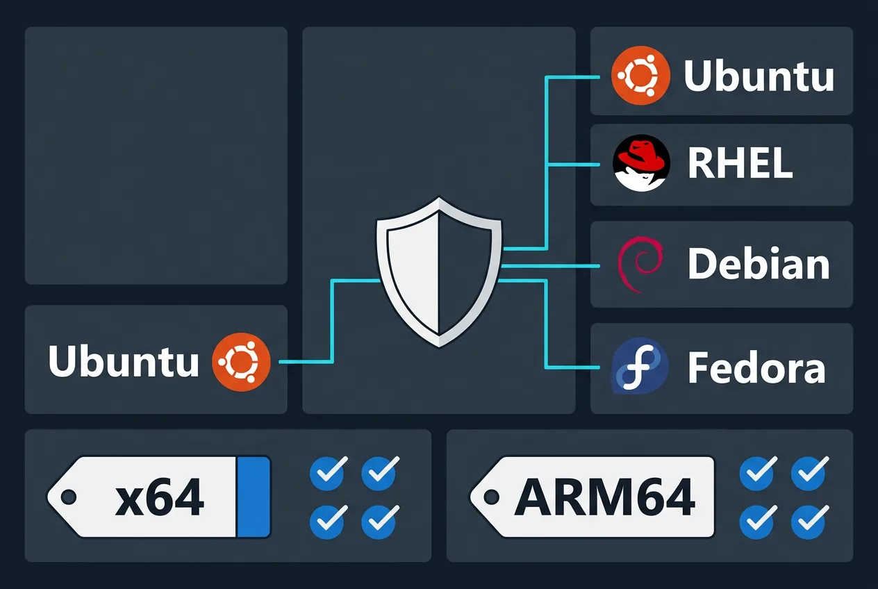 Инфографика совместимости Microsoft Defender с дистрибутивами Linux и архитектурами x64 и ARM64.