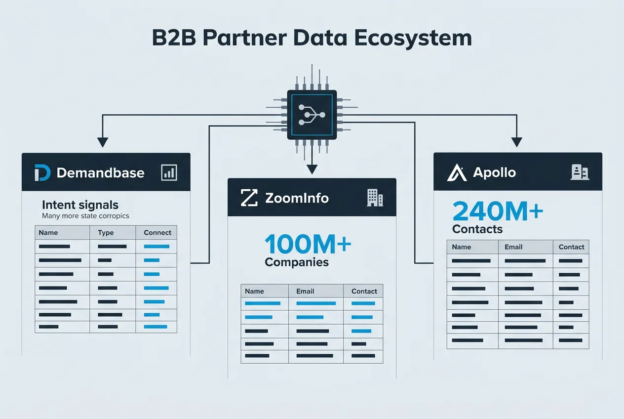 Инфографика интеграций Salesforce Hunter с базами ZoomInfo, Apollo и Demandbase